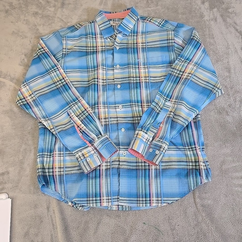 Tommy Bahama Short Mens Large‎ Bliue Island Zone Plaid Long Sleeve Button Down